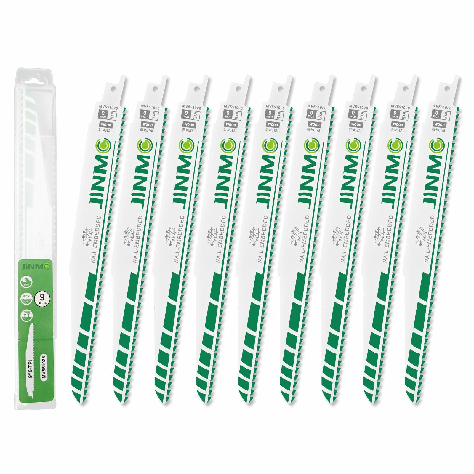 jinmg 9in 5TPI M42 Bi-Metal Reciprocating Saw Blades Green 9 Pack