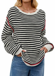 Koimcuiy Womens Striped Oversized Sweater Boat Neck Lightweight White&White XL