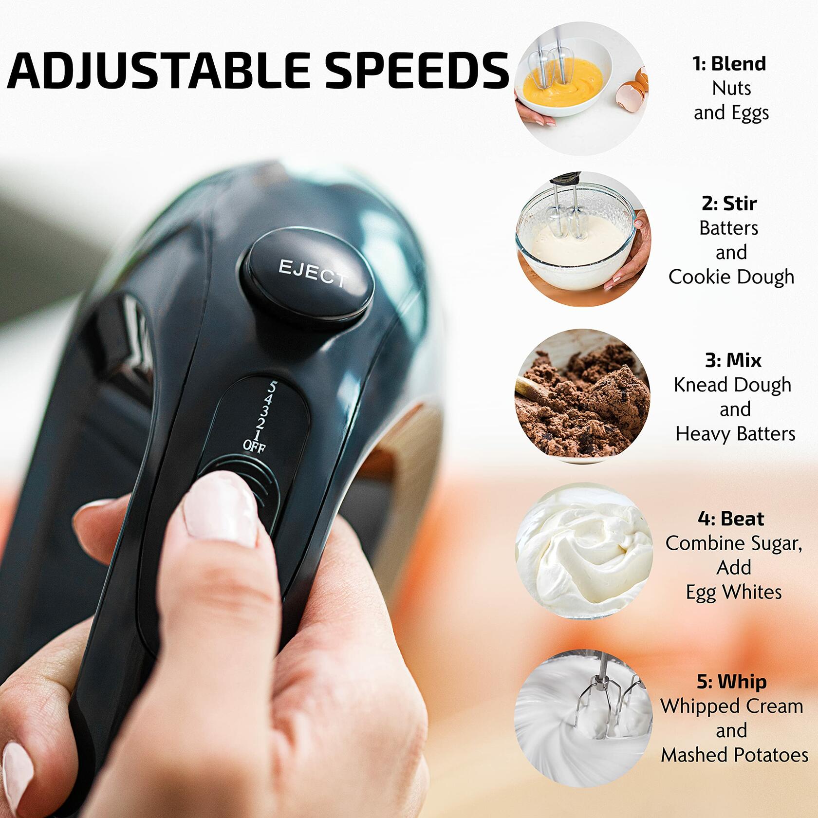 OVENTE 5-Speed Corded Electric Hand Mixer 150W Stainless Steel Whisks Black