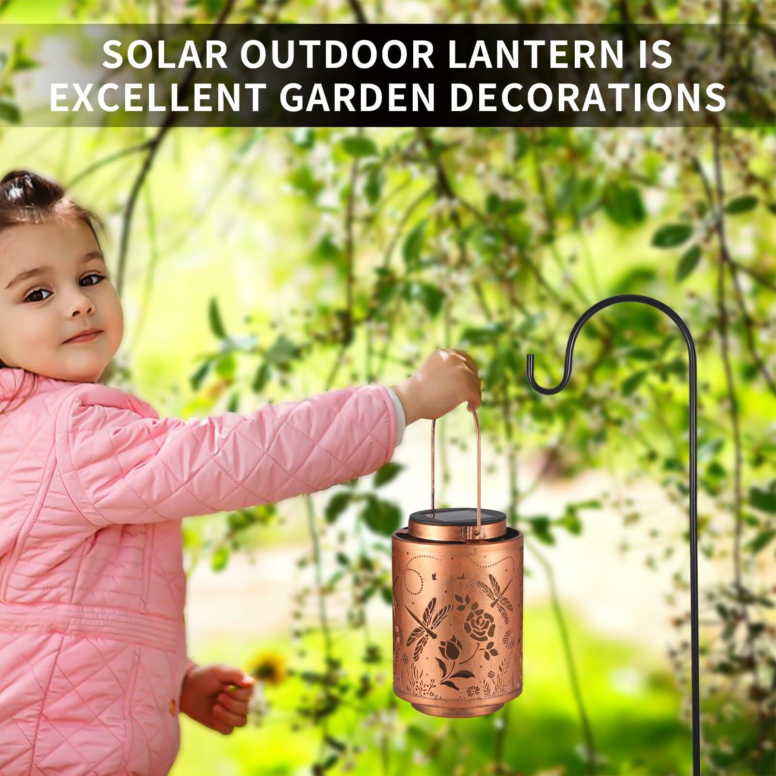 Tepaken 2 Pack Solar Lanterns Outdoor Waterproof Metal Hanging LED Lights Gold