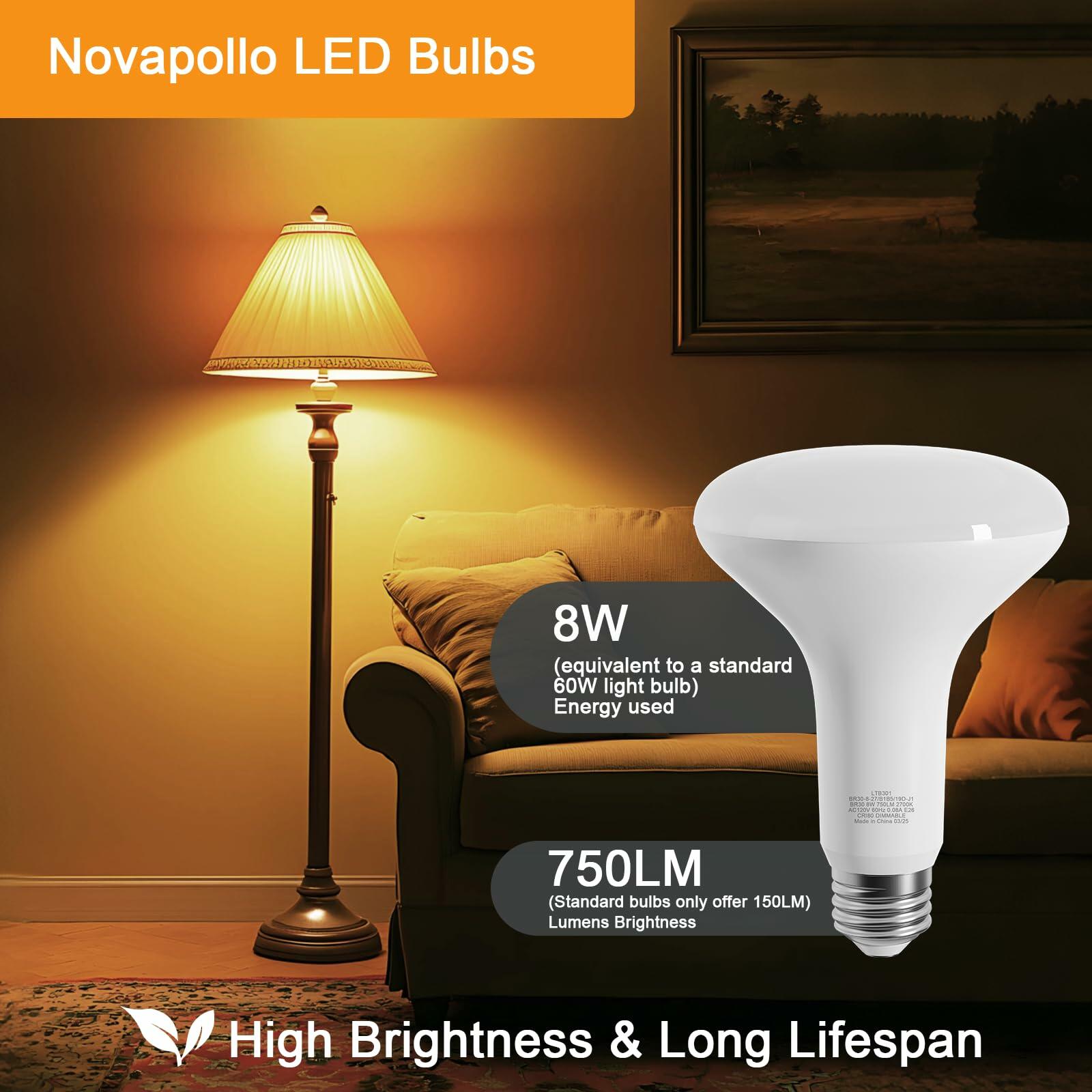 novapollo LED BR30 Flood Light Bulbs 8W 2700K Soft White E26 Base 6 Pack