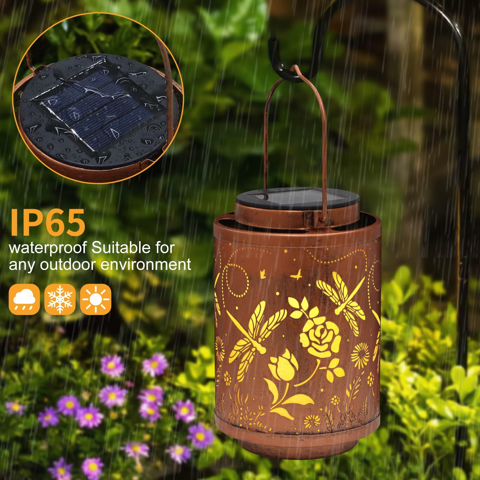 Tepaken 2 Pack Solar Lanterns Outdoor Waterproof Metal Hanging LED Lights Gold