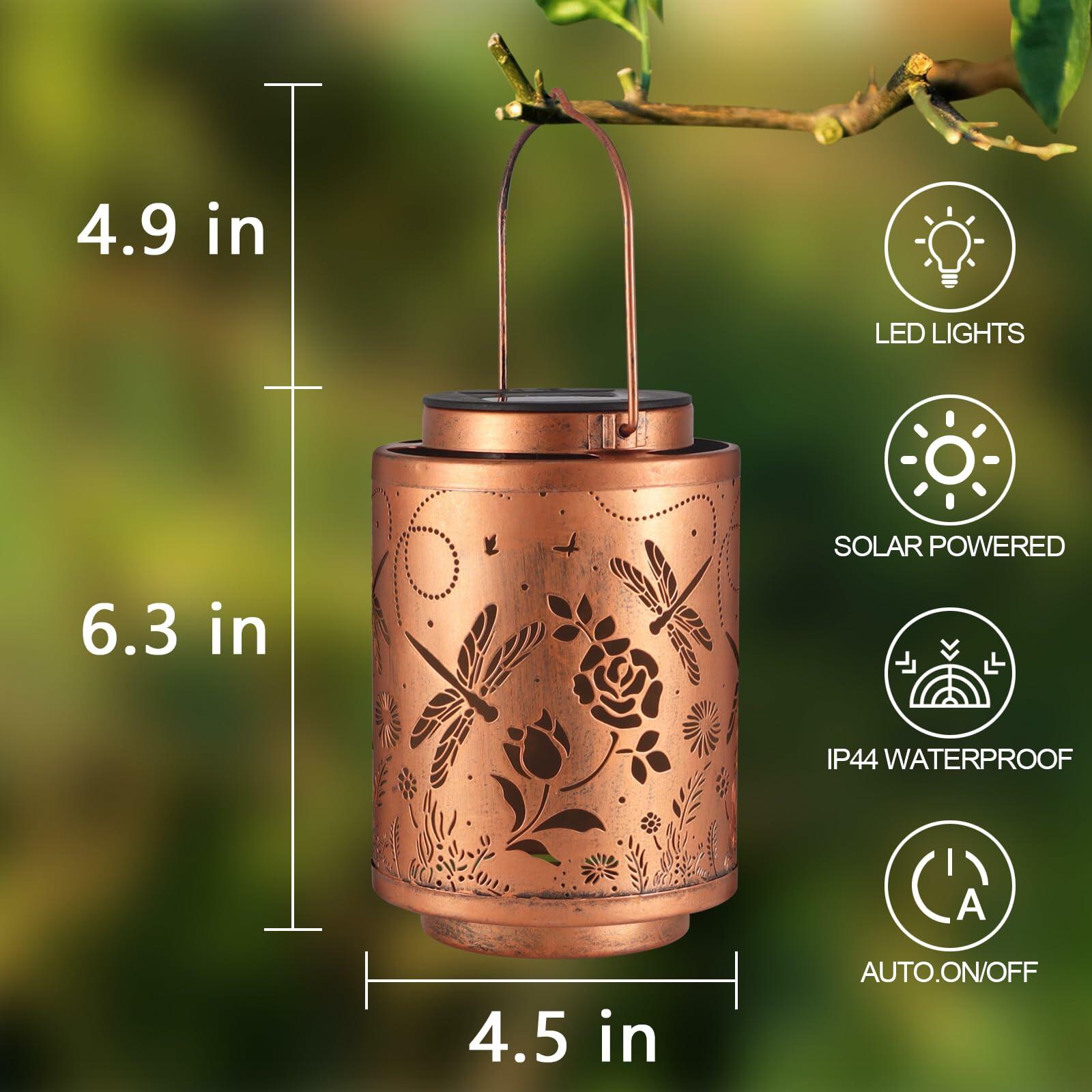 Tepaken 2 Pack Solar Lanterns Outdoor Waterproof Metal Hanging LED Lights Gold
