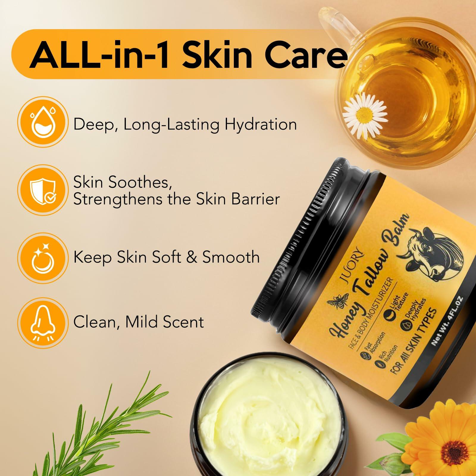 BestBy07/28 Juory Beef Tallow Balm Skin Moisturizer 4oz Honey Calendula Tea Tree