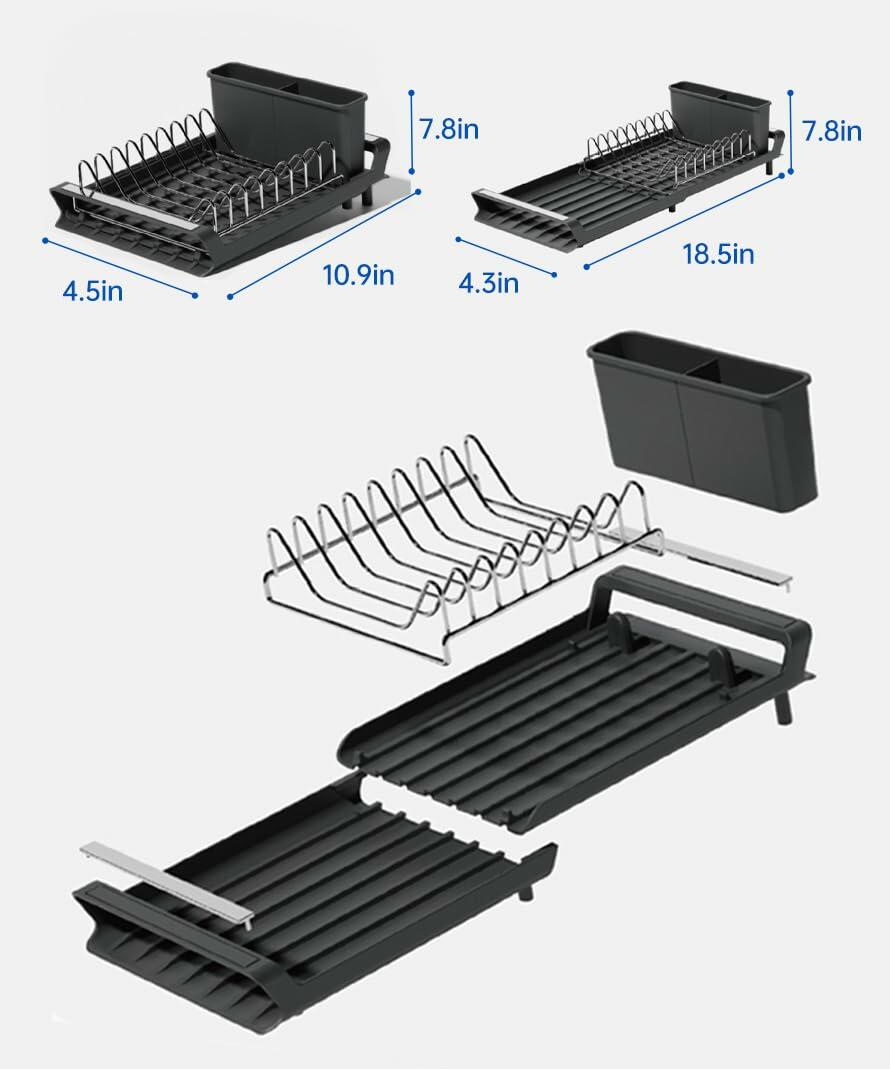 TOOCA BEAR Expandable Small Dish Drying Rack with Cutlery Holder Gray