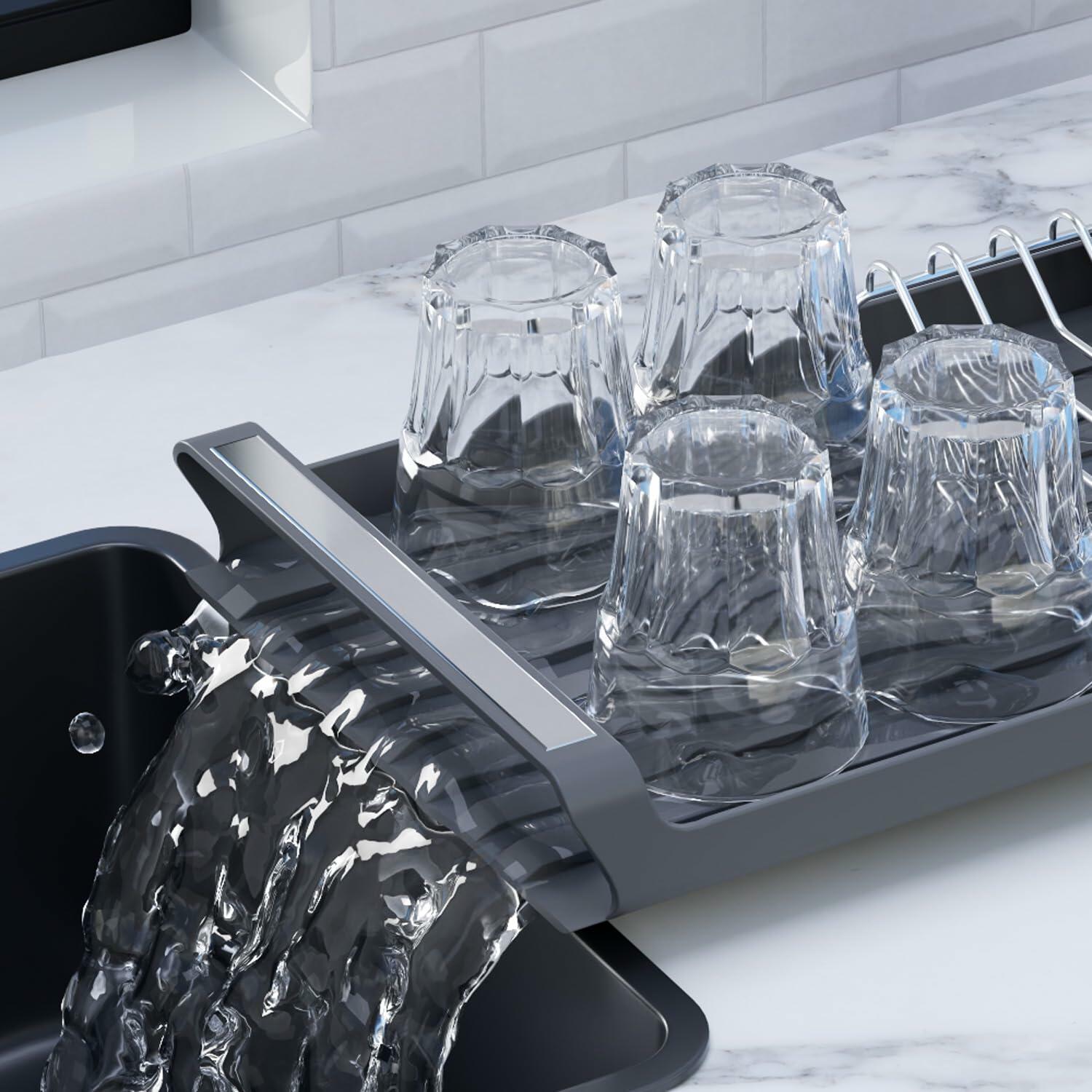 TOOCA BEAR Expandable Small Dish Drying Rack with Cutlery Holder Gray