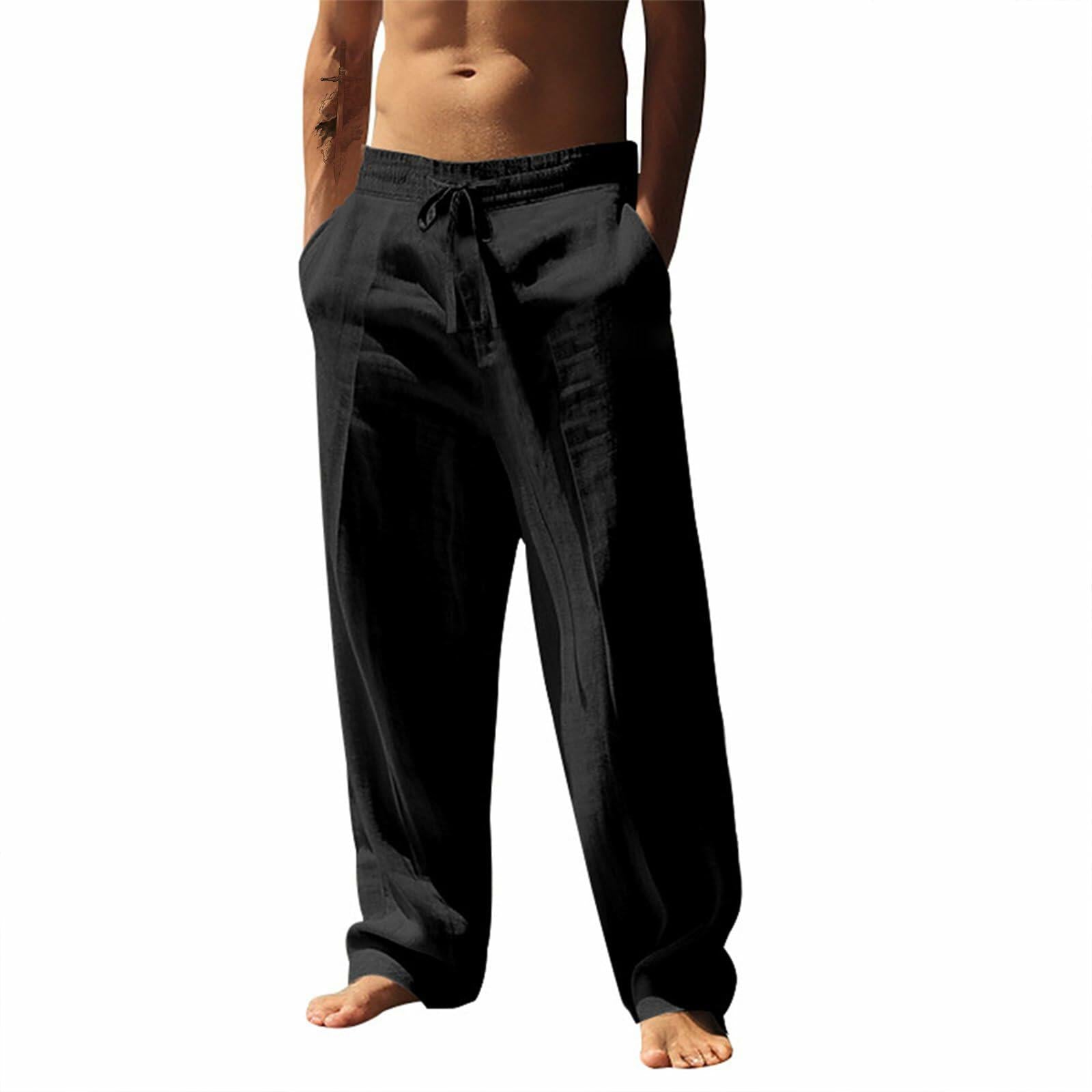 domirica Men's Casual Linen Sweatpants Drawstring Waist Black Size M
