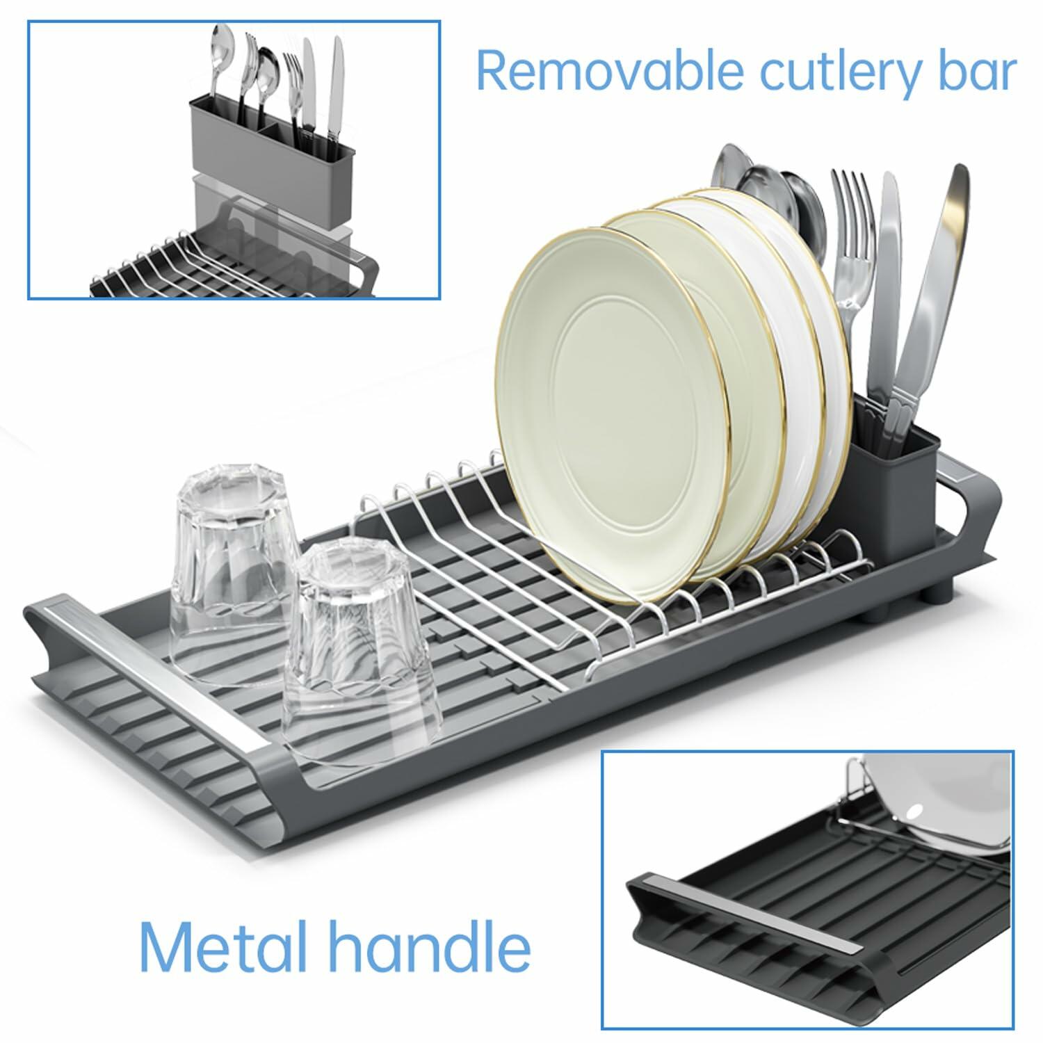 TOOCA BEAR Expandable Small Dish Drying Rack with Cutlery Holder Gray