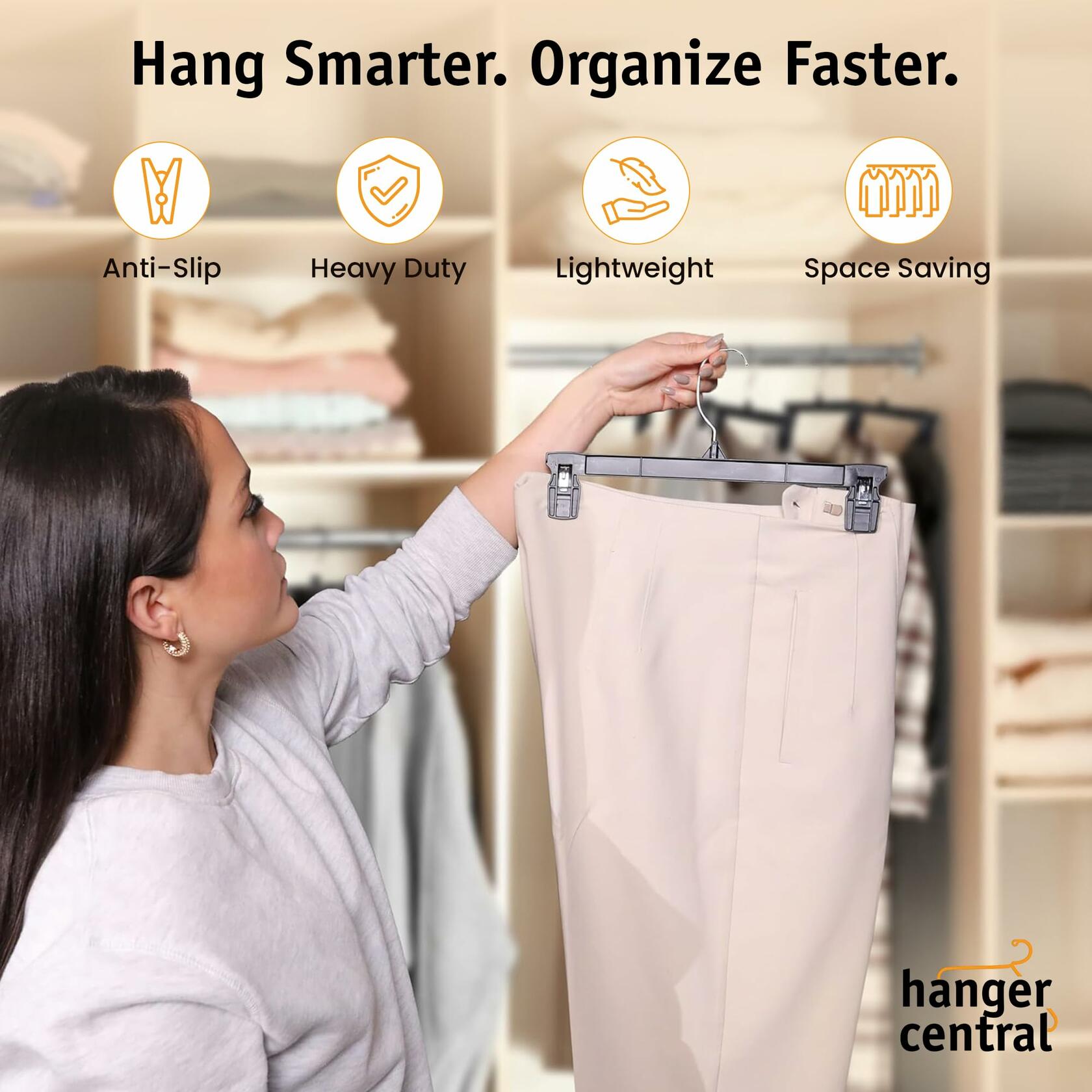 Hanger Central 12 Pack 12 Inch Slim Plastic Pants Hangers with Clips Black