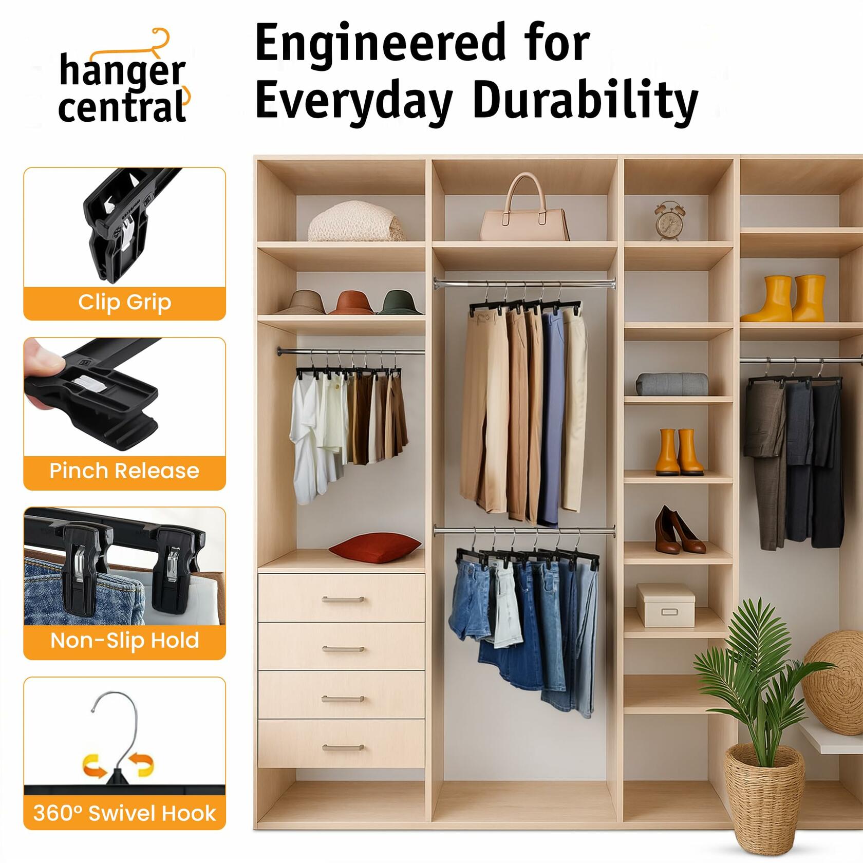 Hanger Central 12 Pack 12 Inch Slim Plastic Pants Hangers with Clips Black