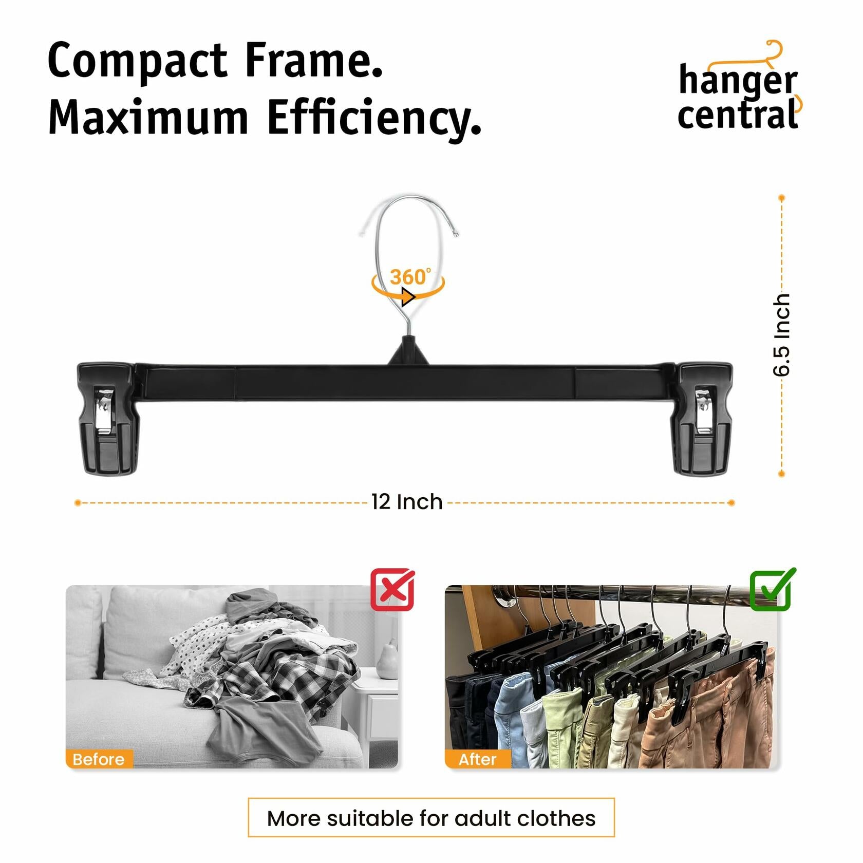 Hanger Central 12 Pack 12 Inch Slim Plastic Pants Hangers with Clips Black