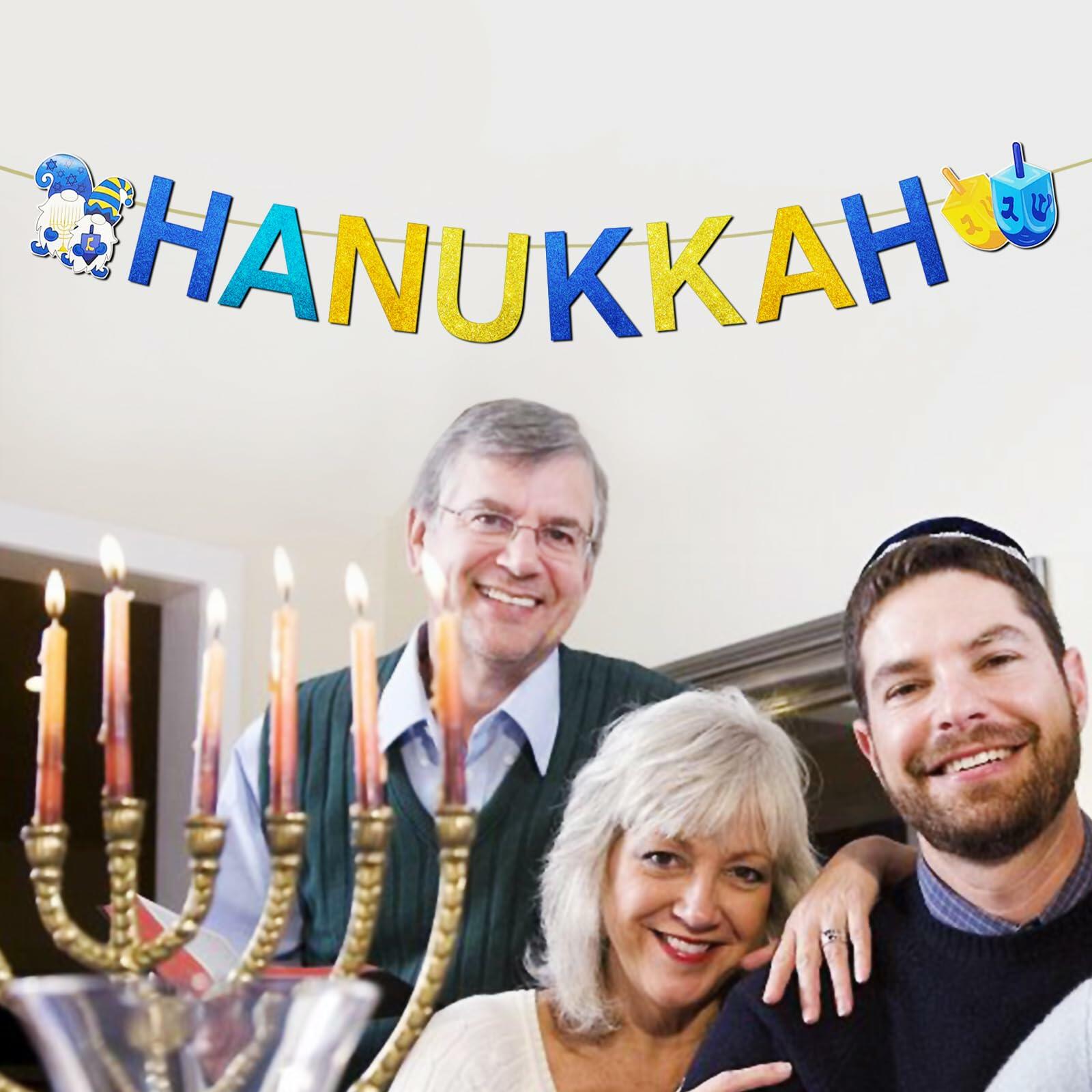 DONCIDAY Happy Hanukkah Glitter Banner Blue Paper Garland Party Decor