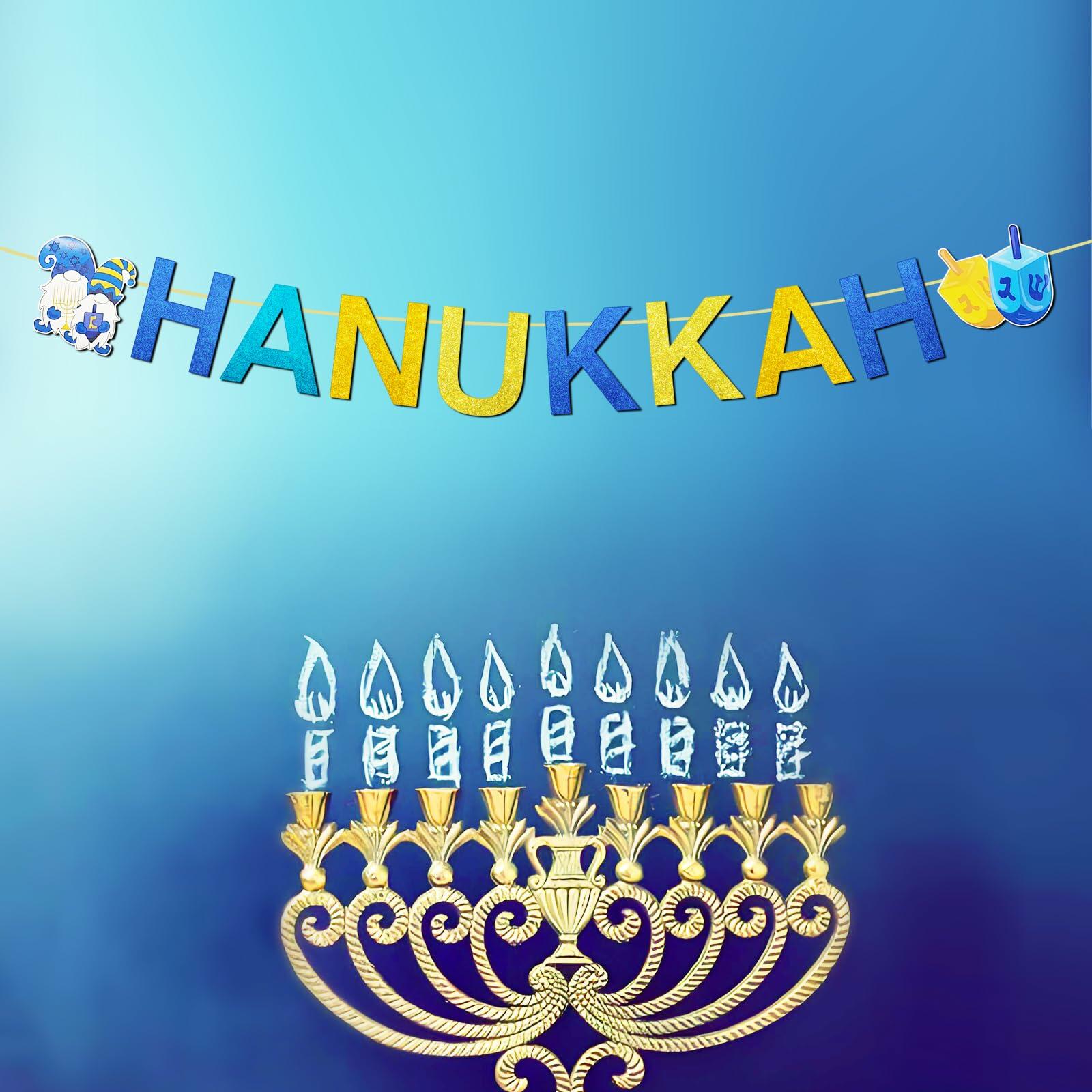 DONCIDAY Happy Hanukkah Glitter Banner Blue Paper Garland Party Decor