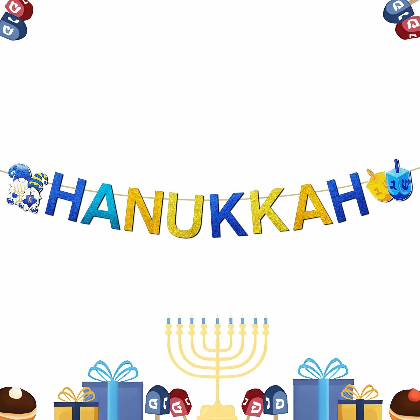 DONCIDAY Happy Hanukkah Glitter Banner Blue Paper Garland Party Decor