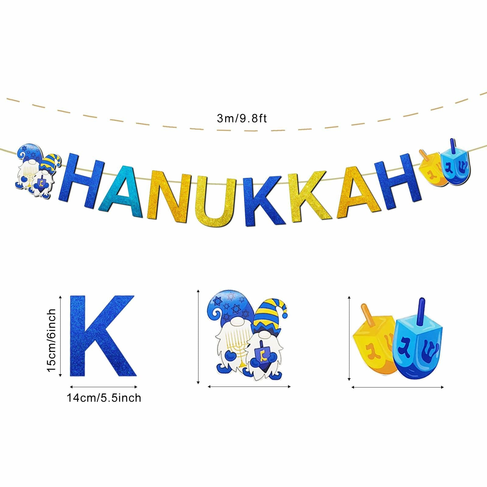 DONCIDAY Happy Hanukkah Glitter Banner Blue Paper Garland Party Decor