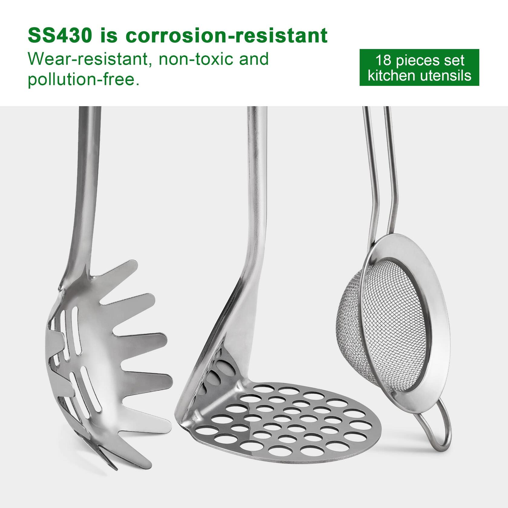 StnKitchExplor Stainless Steel Utensil Set 28 Pcs Cooking Tools Silver Holder