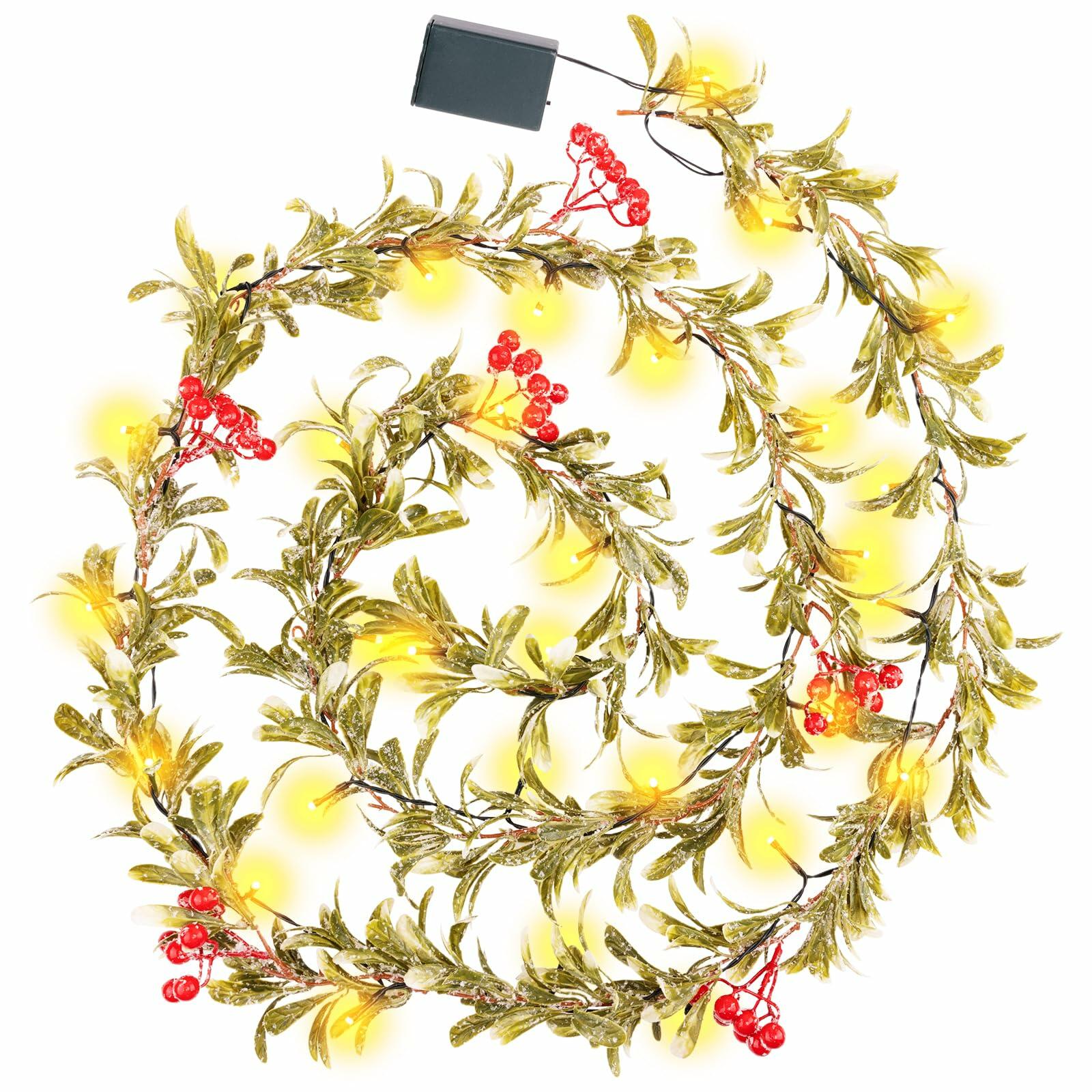 HUZIYAHAN 9FT Christmas Mistletoe Garland with 30 LED Lights Red Berry