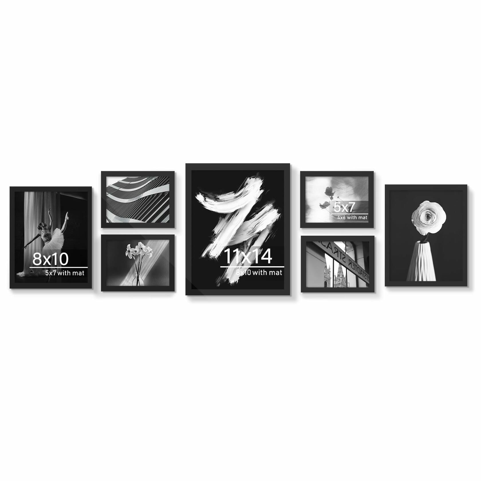 YiTanli Glass Collage Picture Frames 7 Pack Multi Sizes 11x14 8x10 5x7 Black