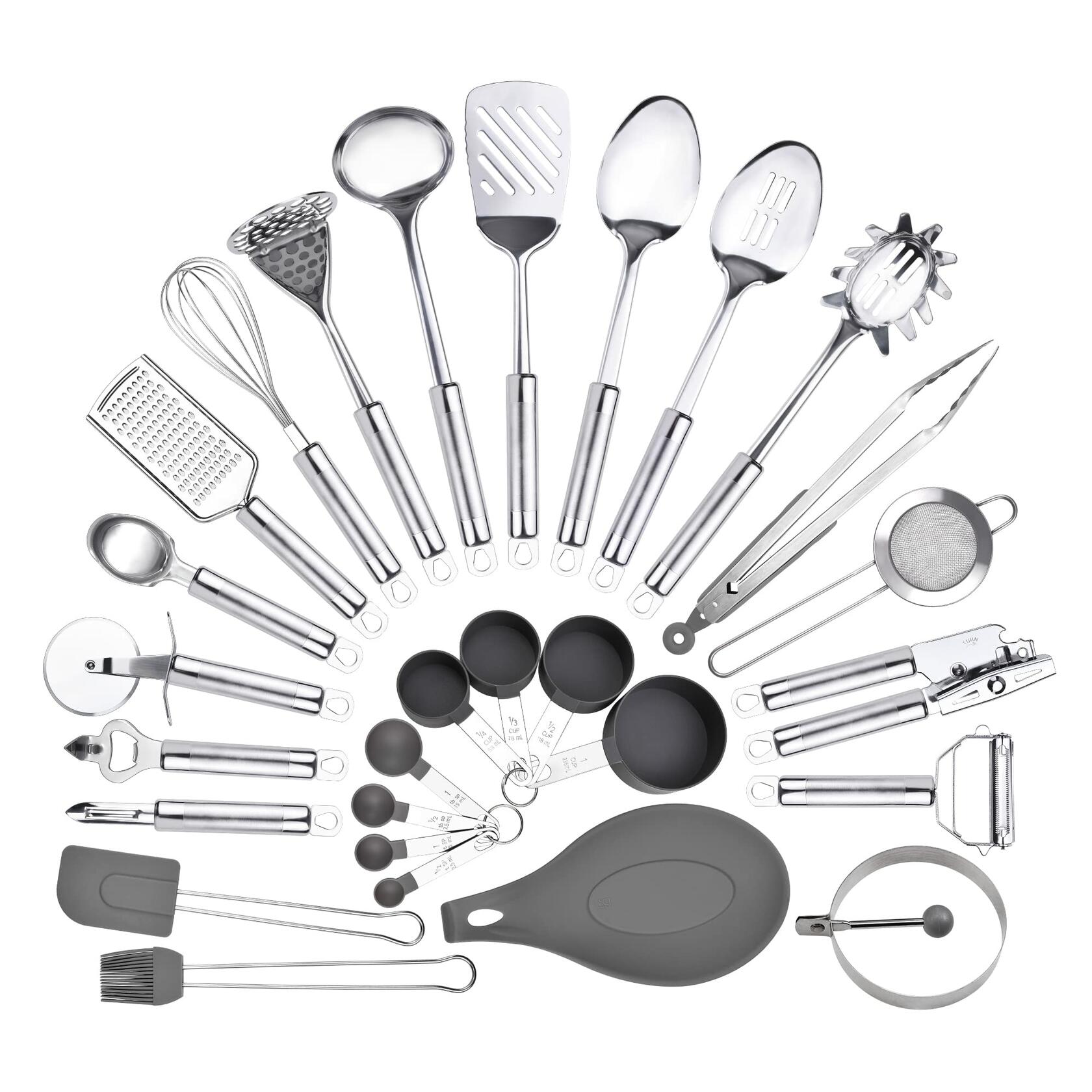 StnKitchExplor Stainless Steel Utensil Set 28 Pcs Cooking Tools Silver Holder