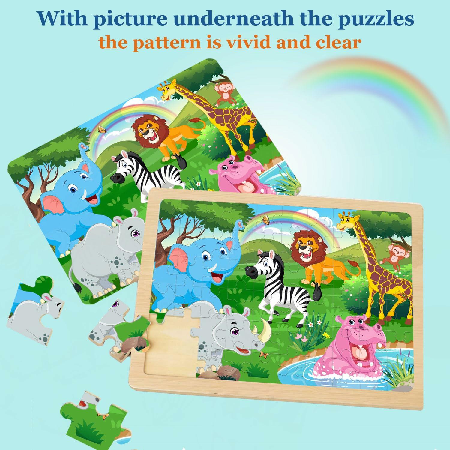 RANSUNN Wooden Animal Dinosaur Jigsaw Puzzles 60 PCs 4 Packs Multicolor