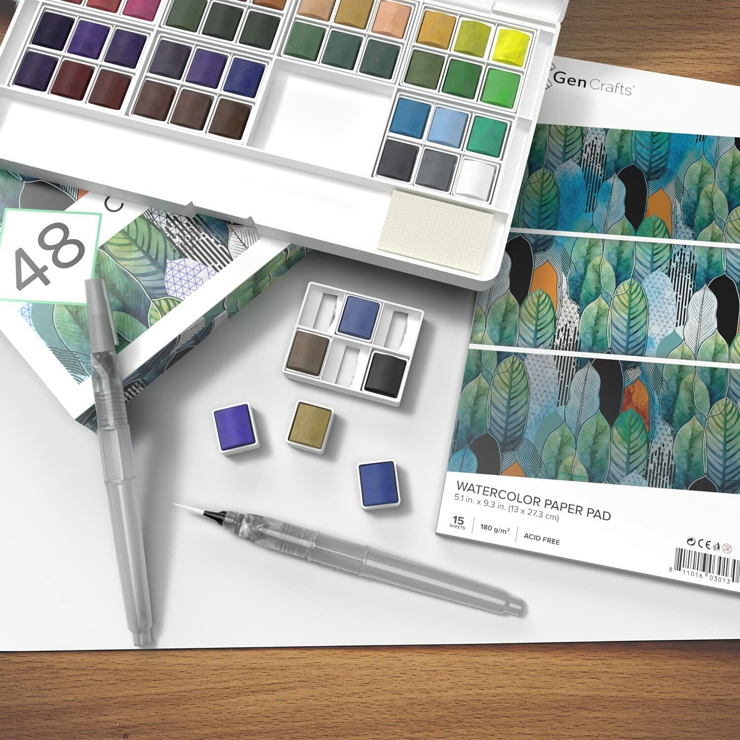 GenCrafts Watercolor Paint Palette 48 Colors with 2 Brush Pens & 15 Sheets