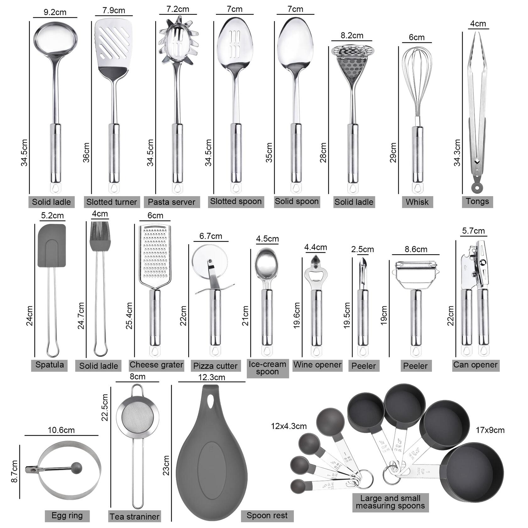 StnKitchExplor Stainless Steel Utensil Set 28 Pcs Cooking Tools Silver Holder
