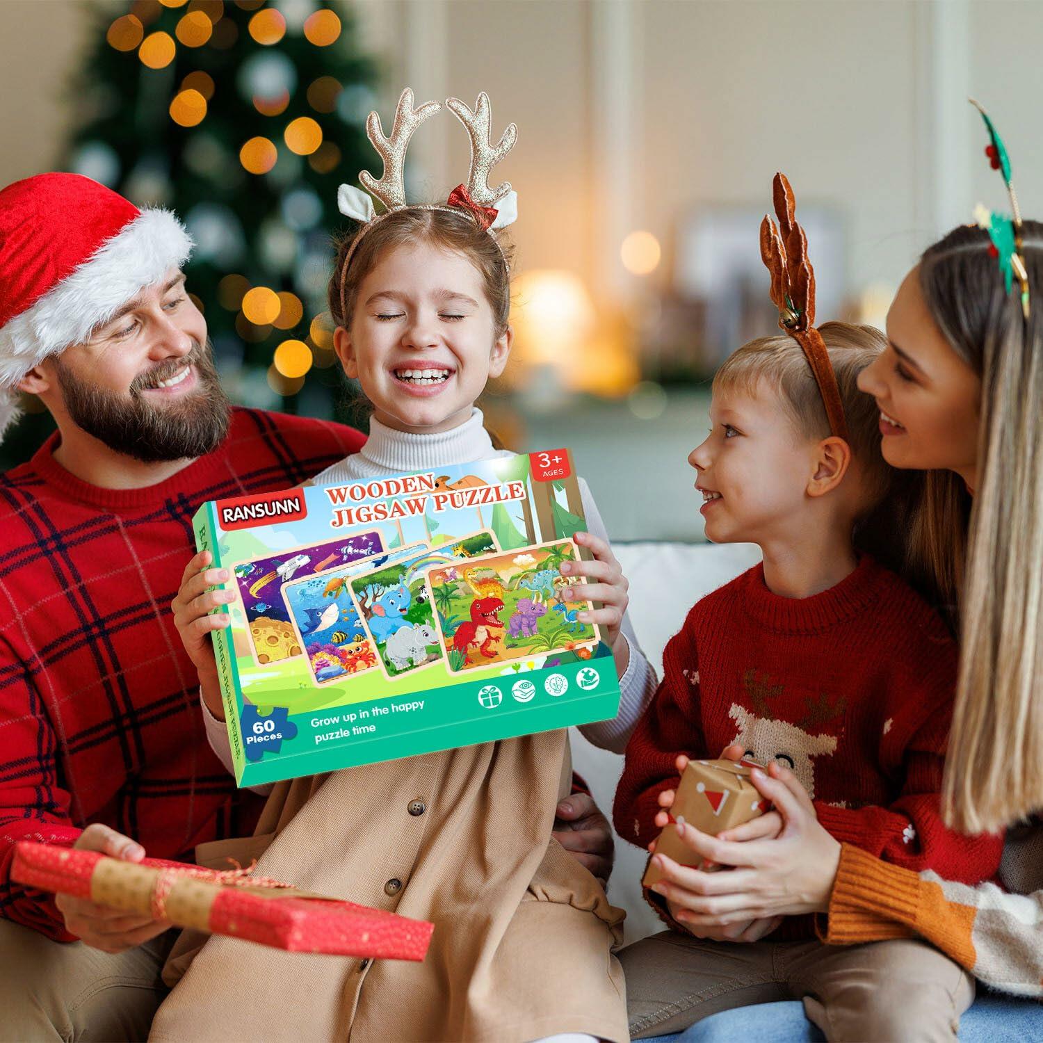 RANSUNN Wooden Animal Dinosaur Jigsaw Puzzles 60 PCs 4 Packs Multicolor