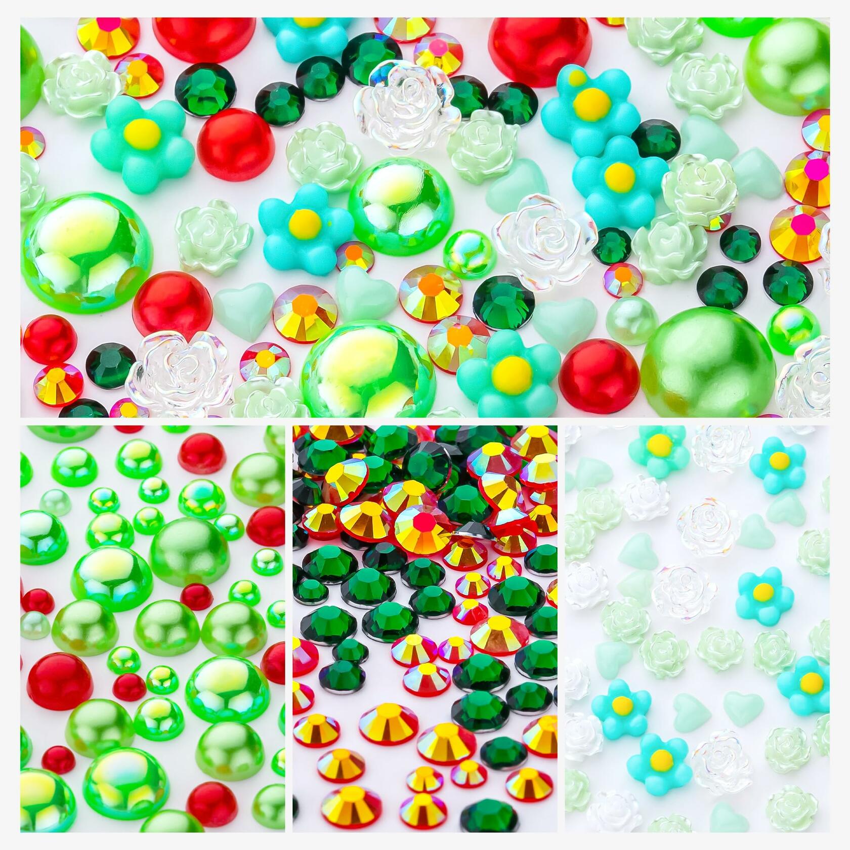 MYYKO 160g Christmas Flatback Rhinestones Half Pearls Mix Size 3-10mm Red Green