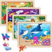 RANSUNN Wooden Animal Dinosaur Jigsaw Puzzles 60 PCs 4 Packs Multicolor