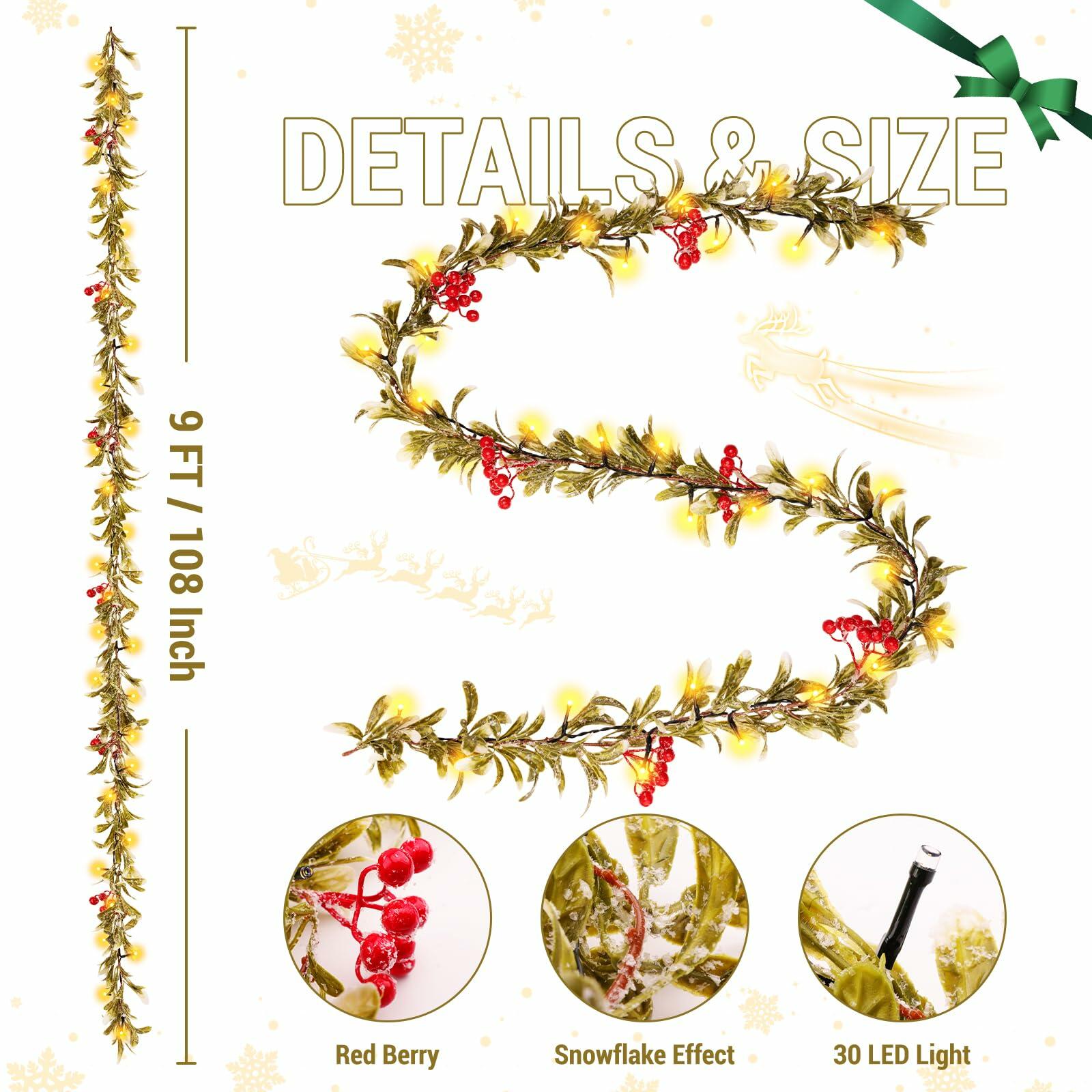 HUZIYAHAN 9FT Christmas Mistletoe Garland with 30 LED Lights Red Berry