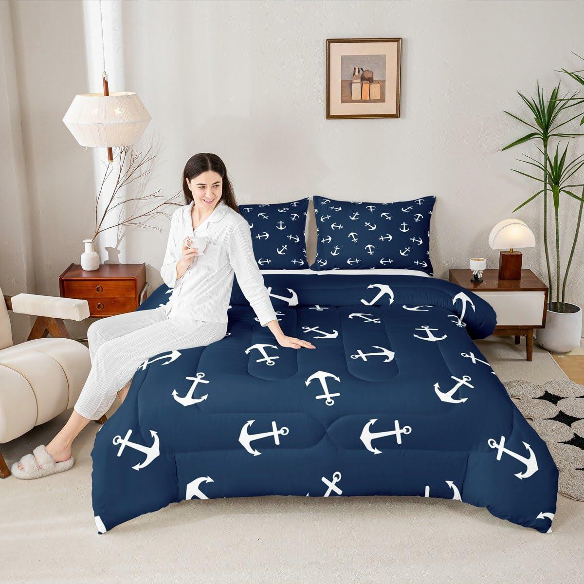 Manfei Anchor Comforter Set Nautical Navy Blue 2pcs Twin Size