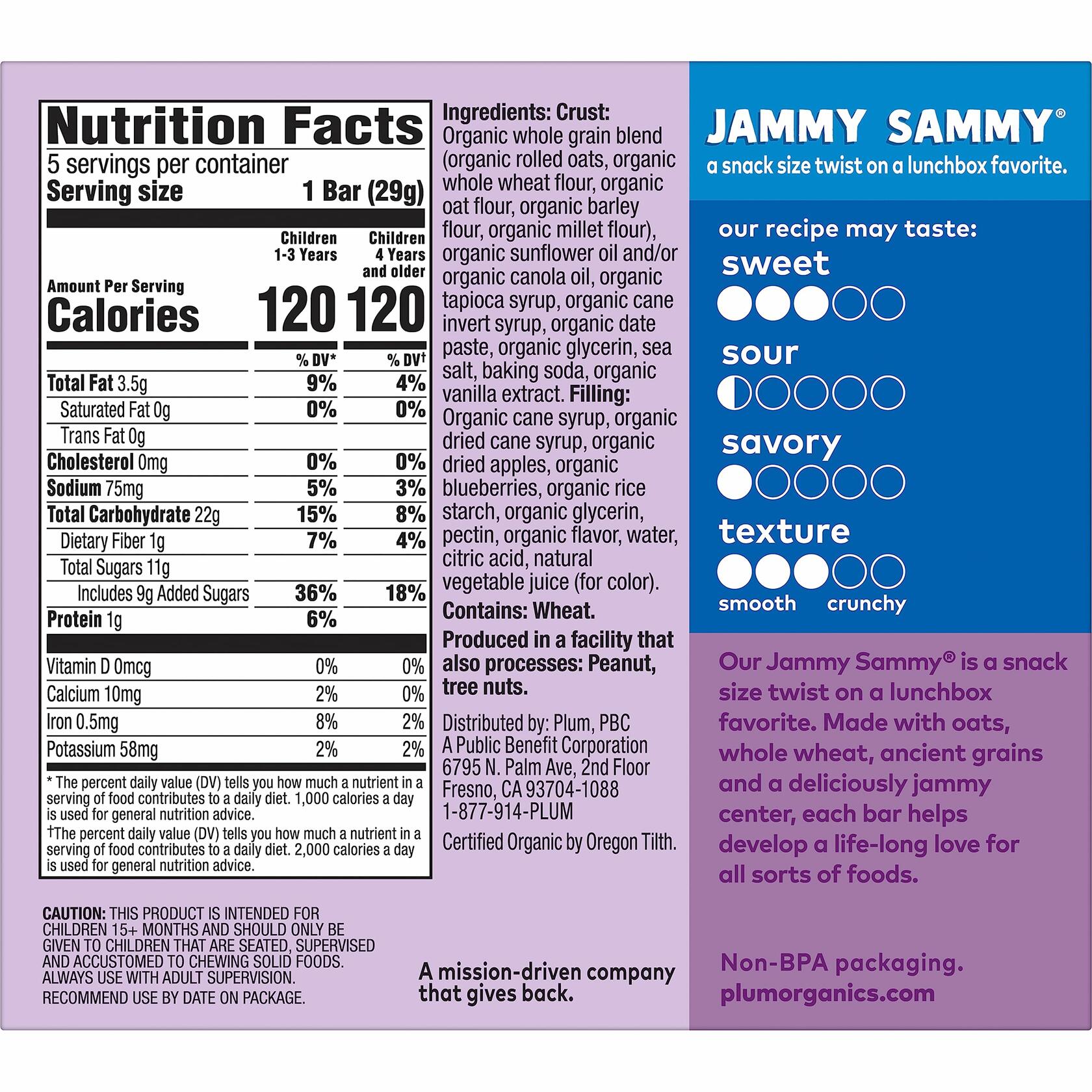 Plum Organics Jammy Sammy Blueberry Oatmeal Snack Bars 1.02oz 5 Pack