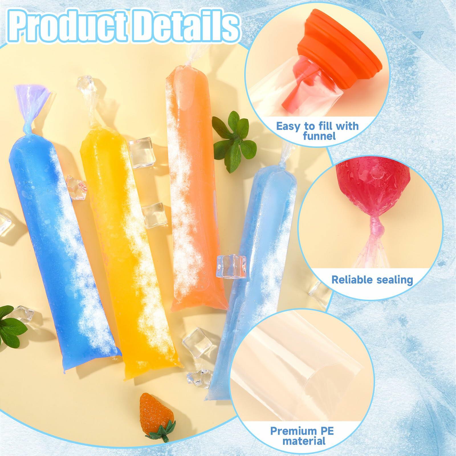 FEBSNOW 160 Disposable Ice Lolly Bags Popsicle Mold Clear 4x12 Inch with Funnel