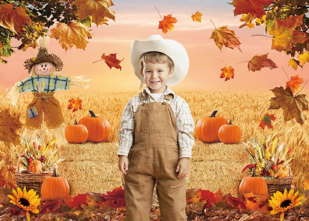 XCKALI Autumn Photography Background Thanksgiving Pumpkin Maple Leaf 7x5ft