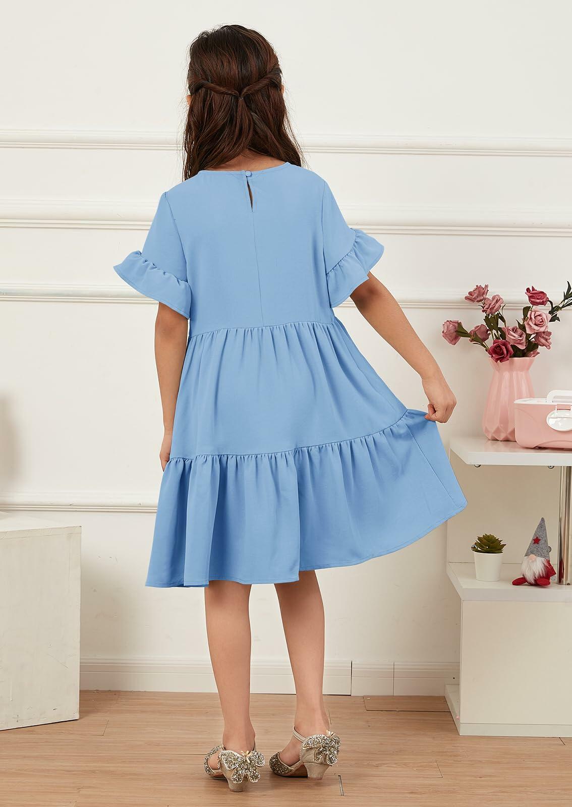 Geckatte Girls Summer Floral Ruffle Short Sleeve A-Line Dress Blue Size 5-6