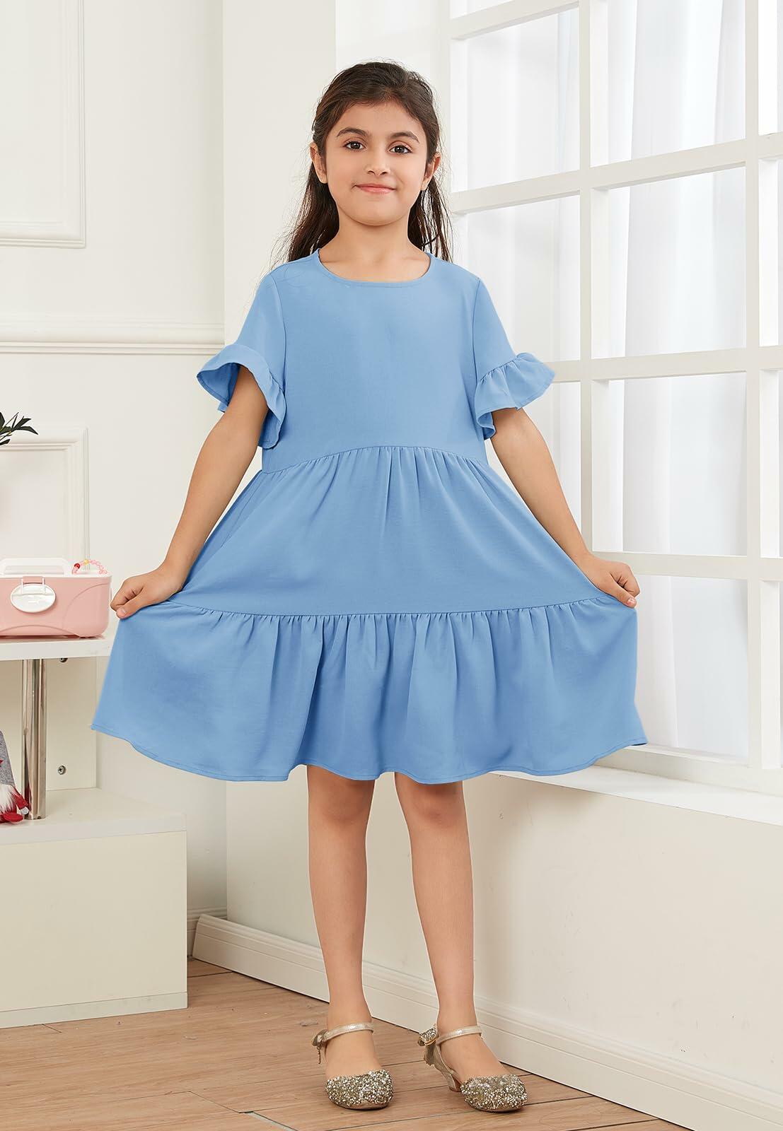 Geckatte Girls Summer Floral Ruffle Short Sleeve A-Line Dress Blue Size 5-6