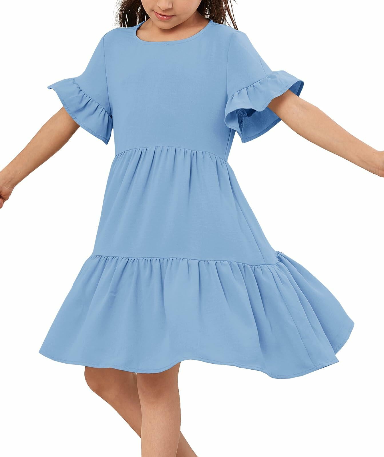Geckatte Girls Summer Floral Ruffle Short Sleeve A-Line Dress Blue Size 5-6