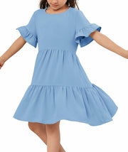 Geckatte Girls Summer Floral Ruffle Short Sleeve A-Line Dress Blue Size 5-6