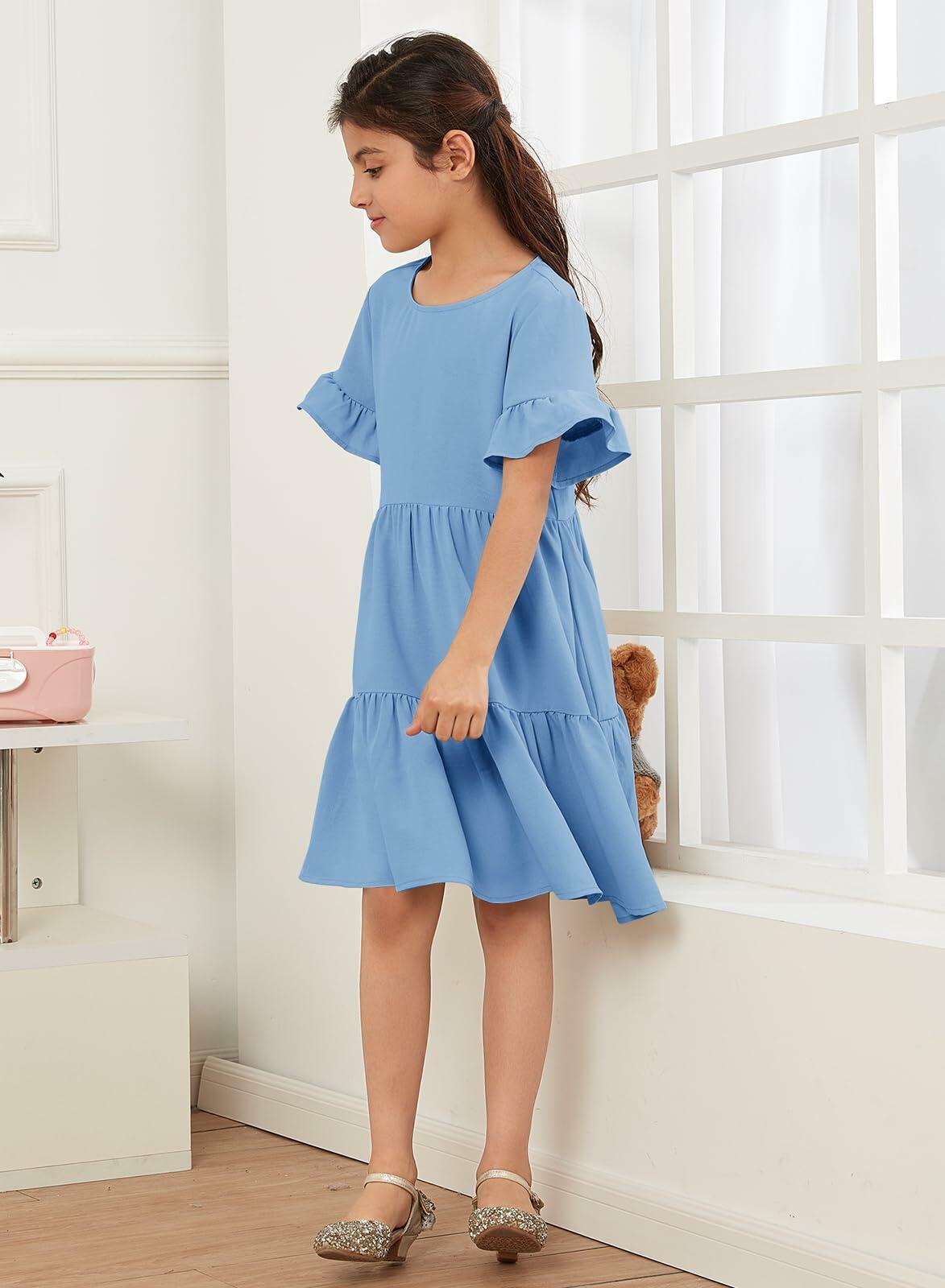 Geckatte Girls Summer Floral Ruffle Short Sleeve A-Line Dress Blue Size 5-6