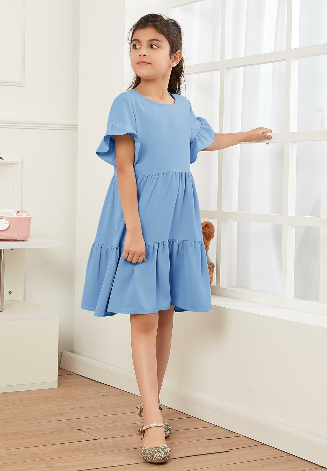 Geckatte Girls Summer Floral Ruffle Short Sleeve A-Line Dress Blue Size 5-6