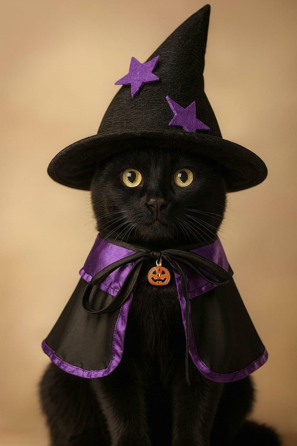Pextian Halloween Cat Witch Costume Adjustable Black Purple Cloak Hat Size M/L