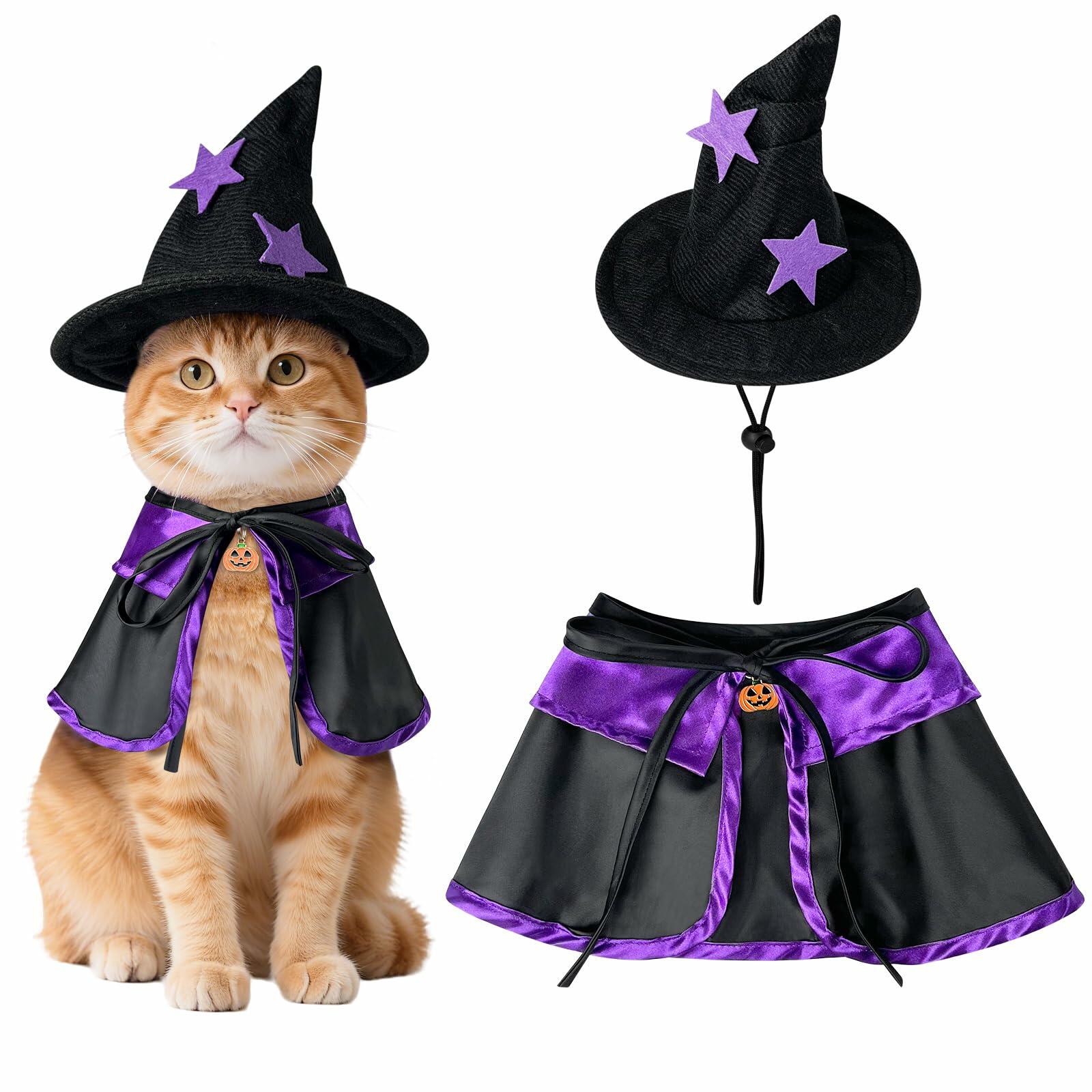Pextian Halloween Cat Witch Costume Adjustable Black Purple Cloak Hat Size M/L
