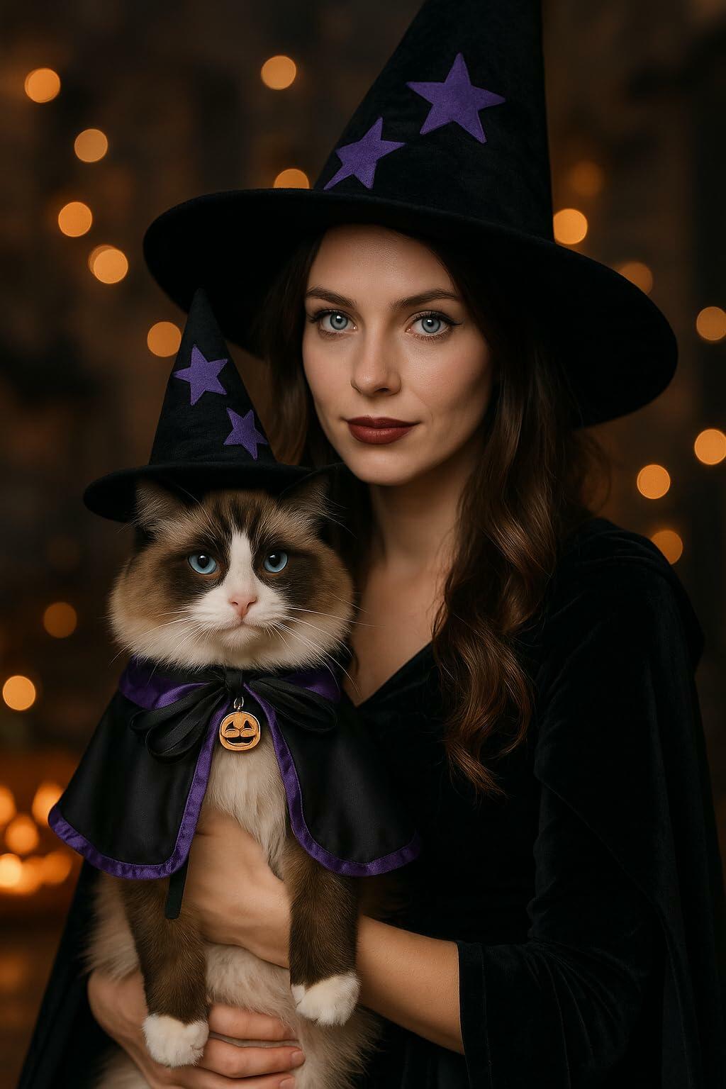 Pextian Halloween Cat Witch Costume Adjustable Black Purple Cloak Hat Size M/L