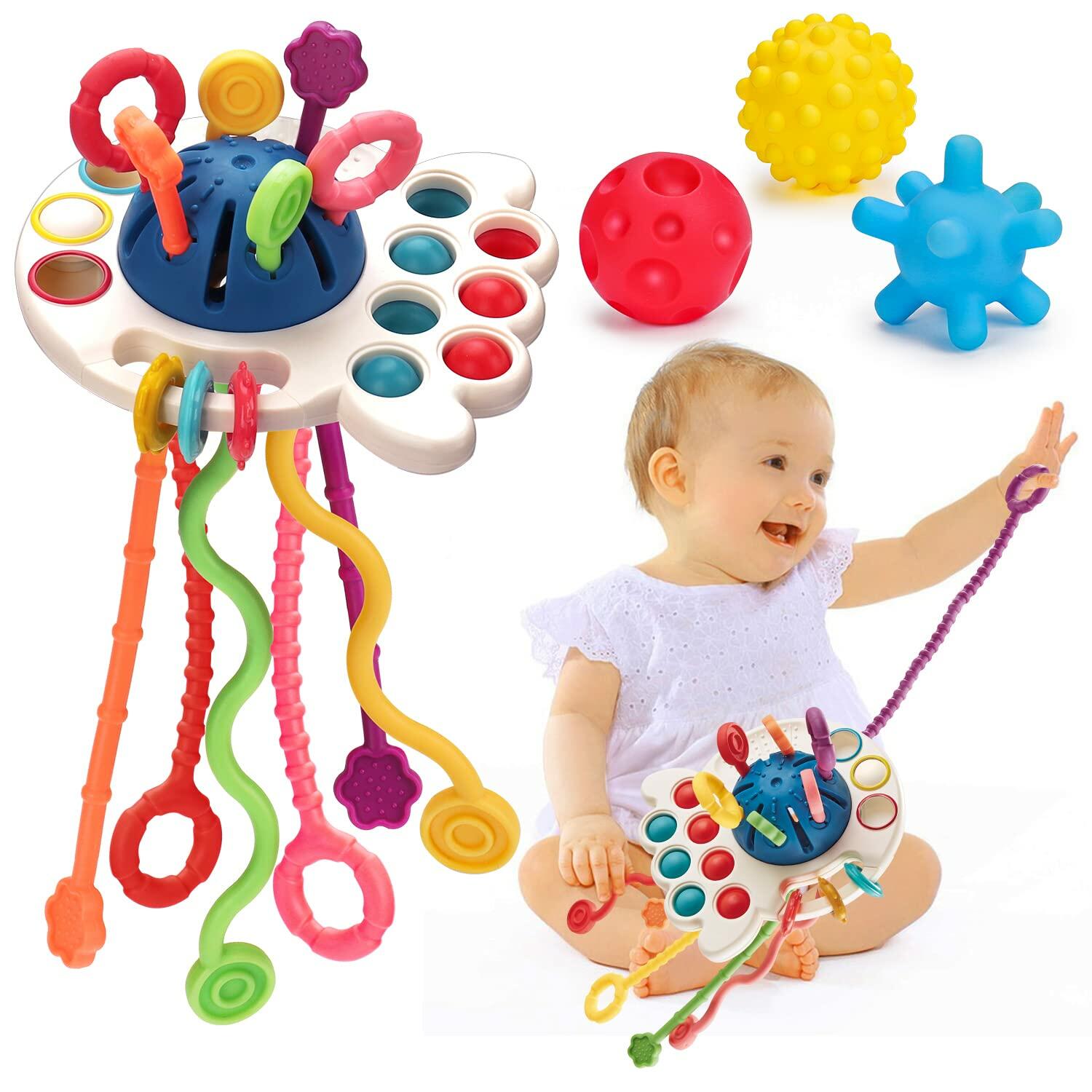 Thremhoo Montessori Silicone Baby Pull String Toy Toddler Red Blue Multi-color