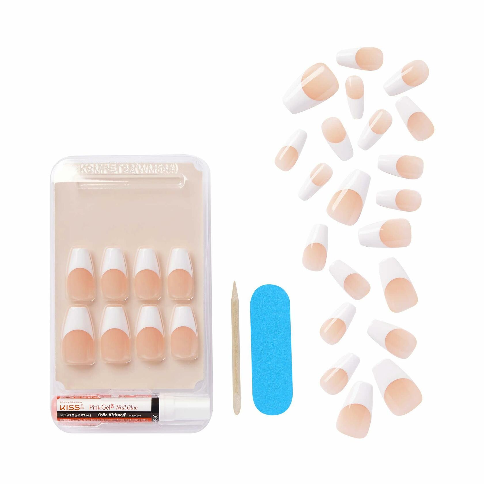 KISS Salon Acrylic Press On Nails Je T'Aime White Medium Coffin 28 Nails