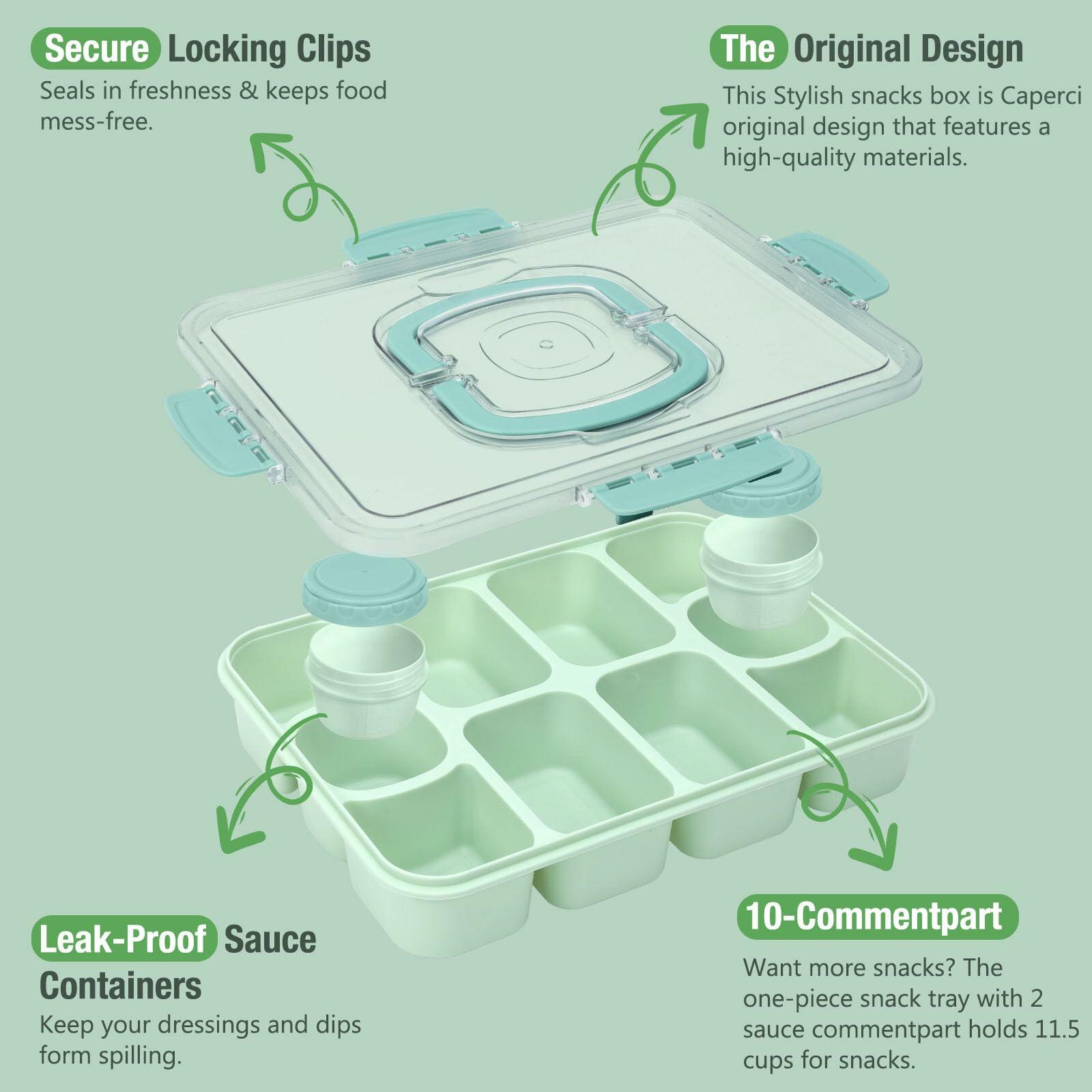 Caperci Snackle Box 10-Compartment Tray with Lid Handle Mint Green BPA-Free