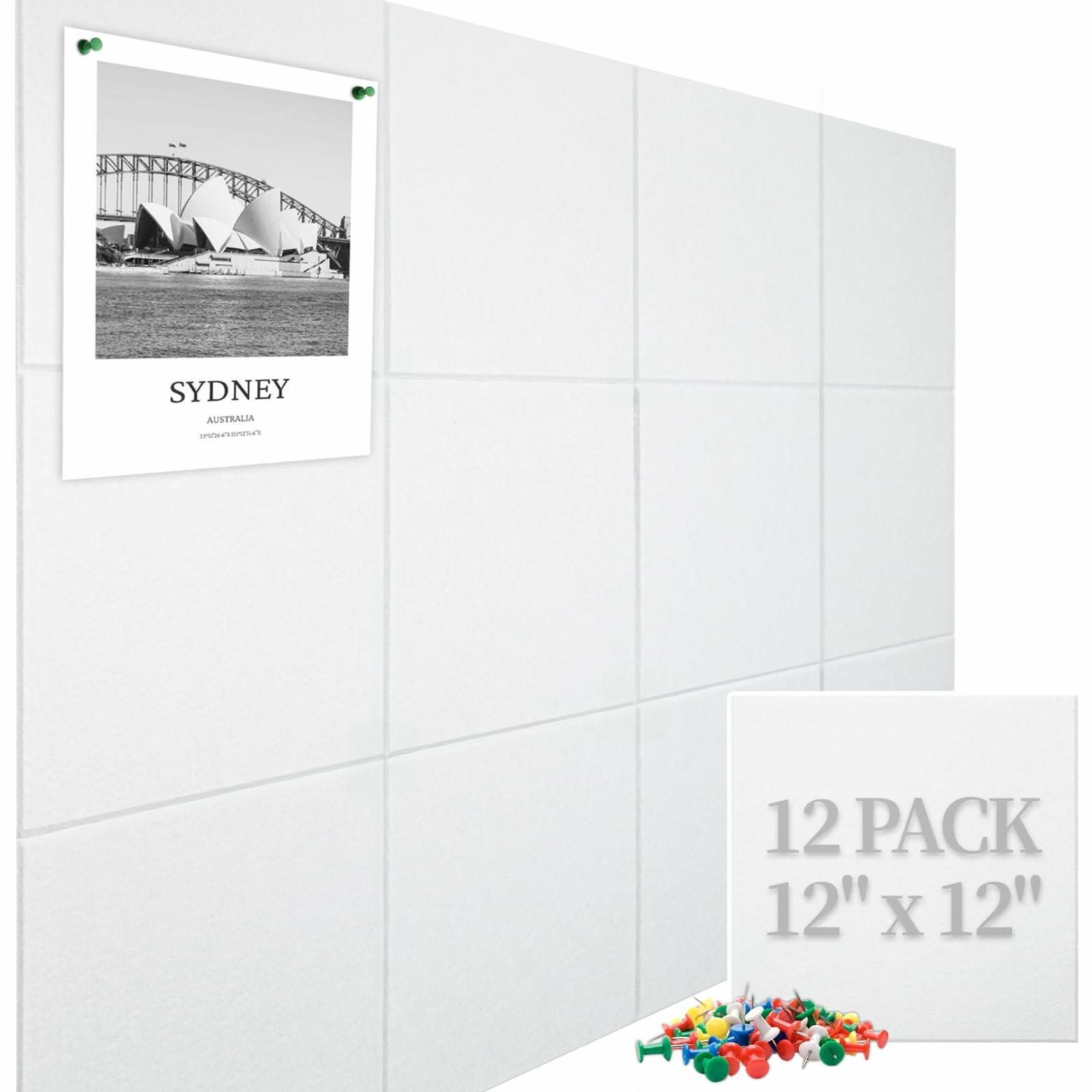 UBZMOK Large Cork Board Felt Wall Tiles 47x35 White 12 Pack with Tabs Pins