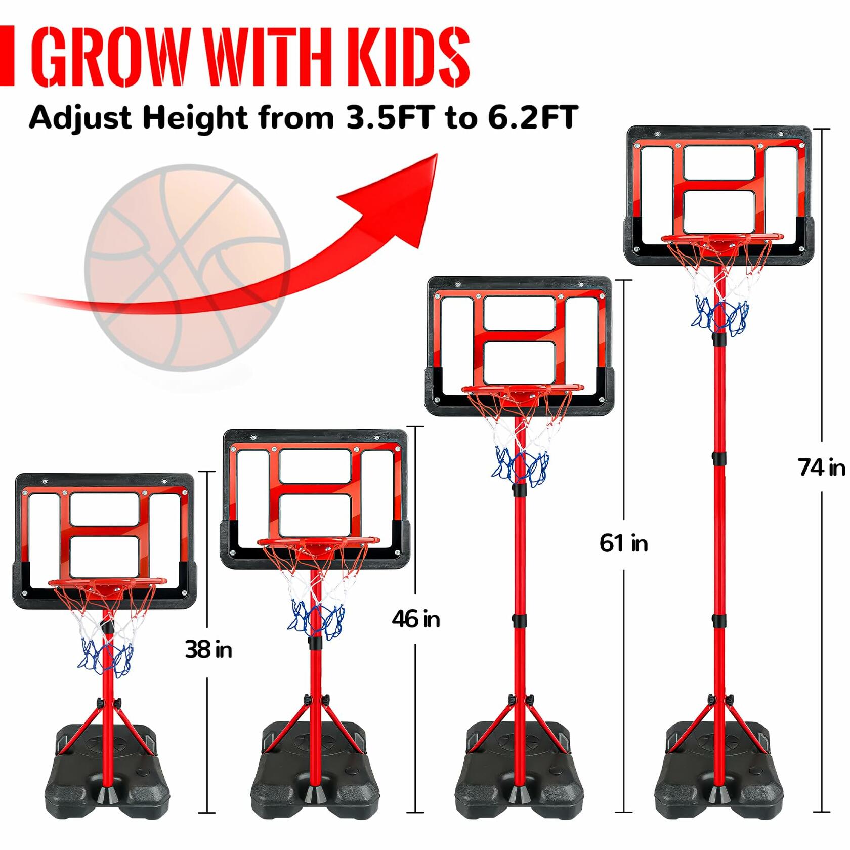 GMAOPHY Kids Adjustable Basketball Hoop with Stand Red Indoor Outdoor Toy