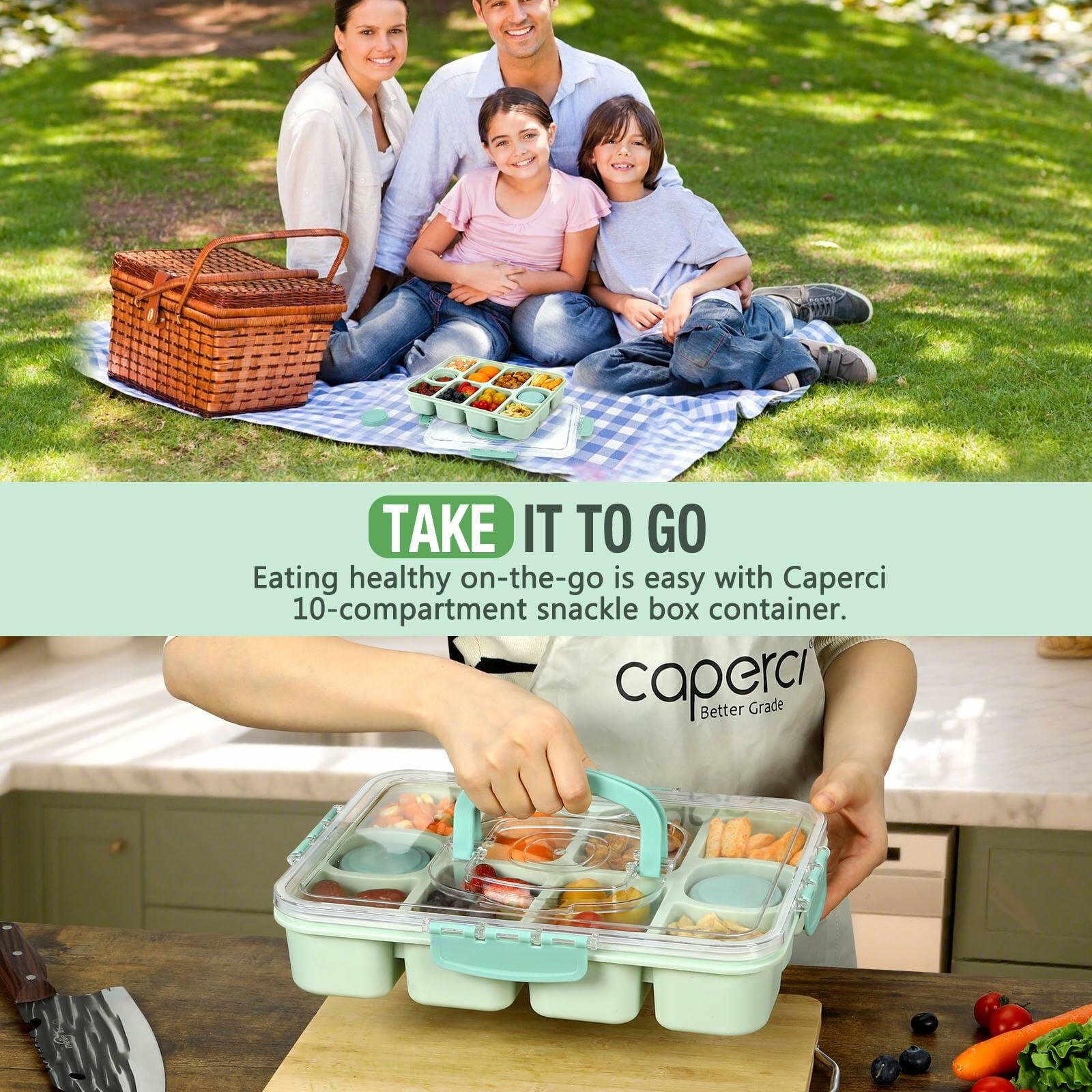 Caperci Snackle Box 10-Compartment Tray with Lid Handle Mint Green BPA-Free