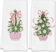 SereneHanctuary Chinoiserie Pink Bow Martini Kitchen Towels 16x24 Set of 4